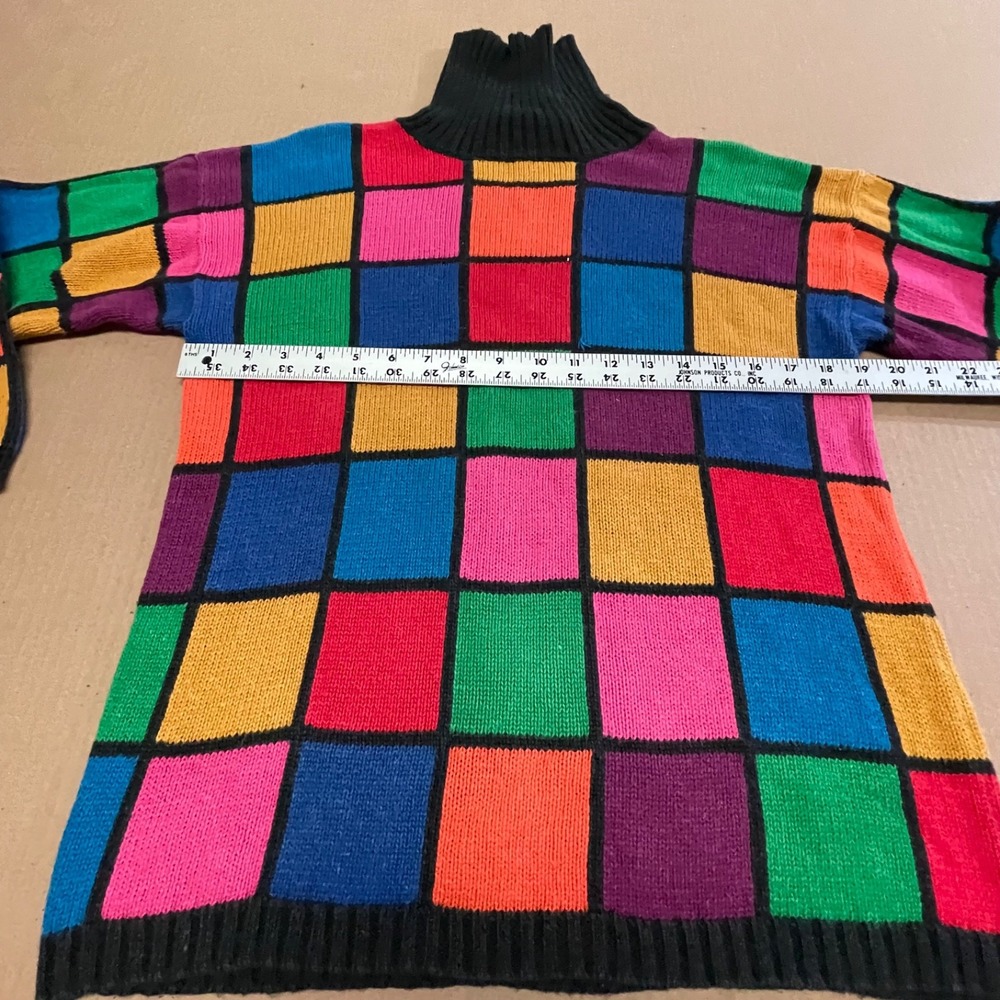 Vintage Rafaella Geometric Rainbow Grid Knit Sweater Petite S Kidcore Patchwork - Picture 4 of 12